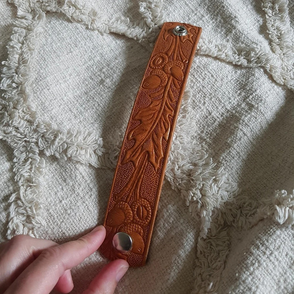 Lue Handmade Leather Cuff  brown western boho tooled leather 8.5” Bracelet - Picture 3 of 4